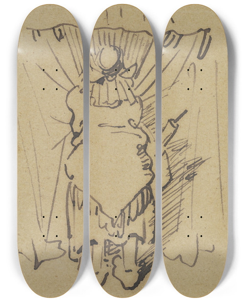 Triptych art skateboard deck of Wilhelm Busch Frau Knopp Verschliet Einem Vorhang by Wilhelm Busch (1832-1908)