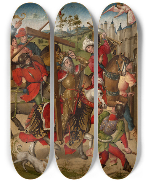 Triptych art skateboard deck of North Netherlandish School Emperor Heraclius Denied Entry Into Jerusalem by Netherlandish School