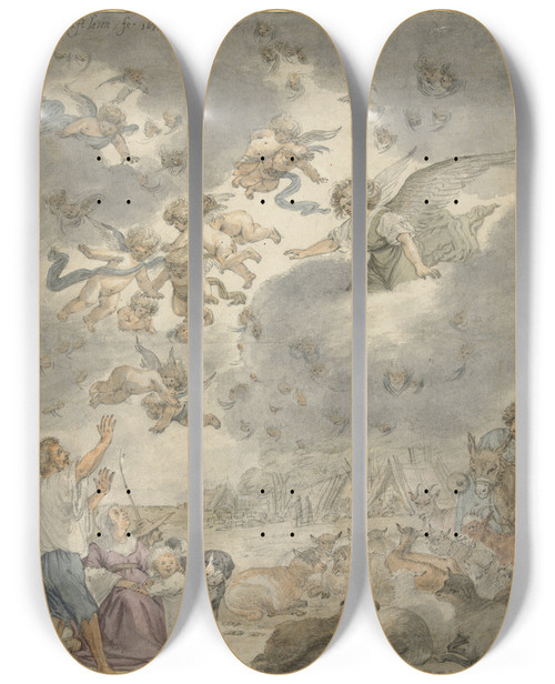 Triptych art skateboard deck of Cornelis Saftleven De Verkondiging Aan De Herders by Cornelis Saftleven (1607-1681)