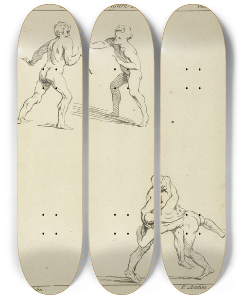 Triptych art skateboard deck of Peter Paul Rubens Two Pairs Of Figures One Pair Extending Right Arms Toward Each Other The Other Pair Wrestling by Peter Paul Rubens (1577-1640)