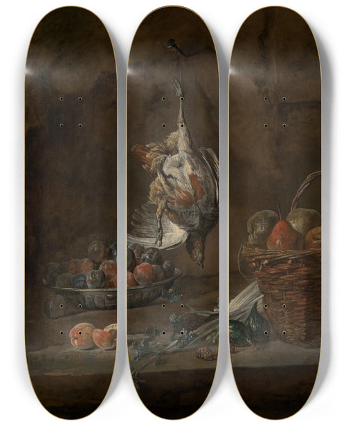 Triptych art skateboard deck of Jean Simon Chardin Still Life With Dead Partridge by Jean Simeon Chardin (1699-1779)