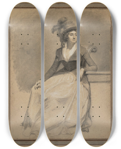 Triptych art skateboard deck of Jeanbaptistejacques Augustin Portrait Of A Seated Lady Wearing A Feathered Hat by Jean-Baptiste-Jacques Augustin