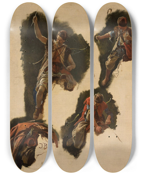 Triptych art skateboard deck of Jozef Brandt Studies Of Figures For The Painting Tartars Flight by Jozef Brandt (1841-1915)