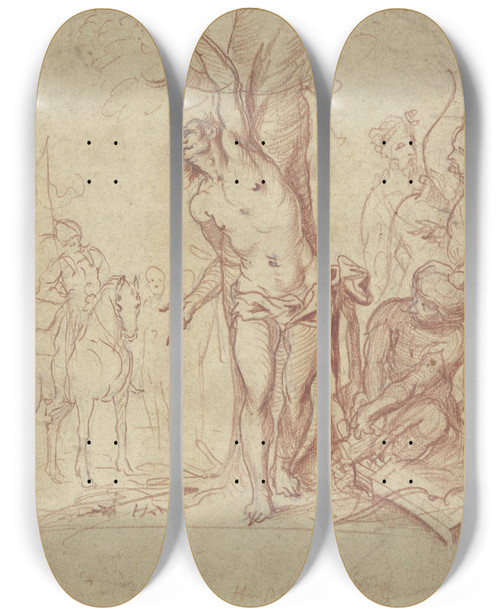 Triptych art skateboard deck of Hans Ulrich Franck Marter Des Heiligen Sebastian by Hans Ulrich Franck (1595-1675)