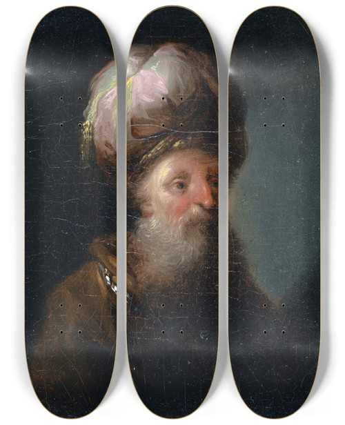 Triptych art skateboard deck of Johann Georg Trautmann Study Head Oriental Man Half Profile Turned To The Right by Johann Georg Trautmann (1713-1769)