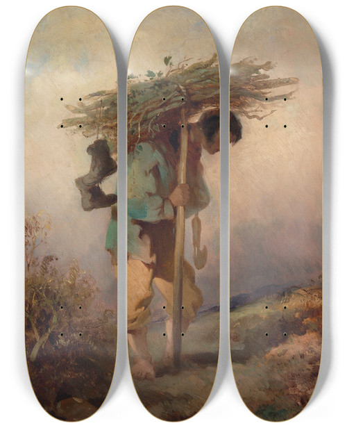 Triptych art skateboard deck of George Chinnery A Man Carrying Faggots by George Chinnery (1774-1852)