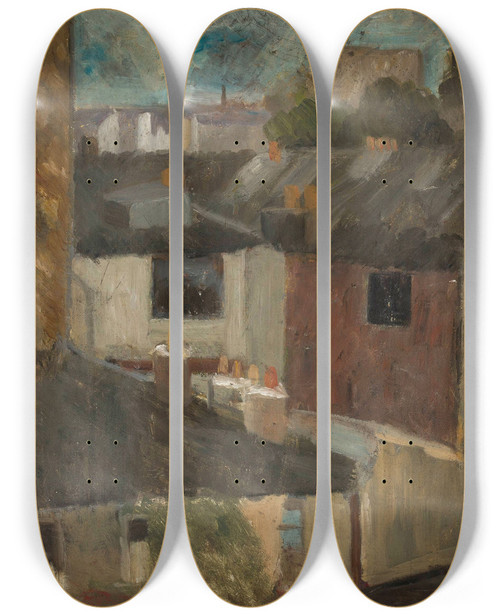 Triptych art skateboard deck of Tadeusz Makowski View Through The Window Of A Workroom by Tadeusz Makowski (1882-1932)