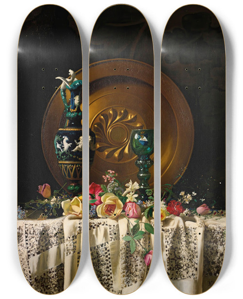 Triptych art skateboard deck of Milne Ramsey Flowers On A Table by Milne Ramsey (1847-1915)