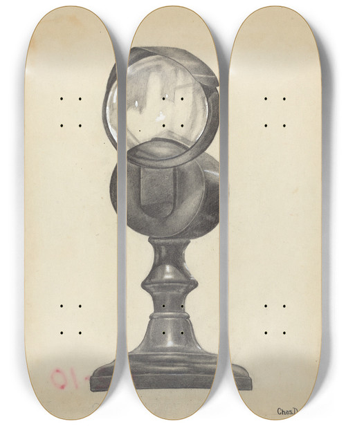Triptych art skateboard deck of Charles Charon Bulls Eye Lamp by Charles Charon