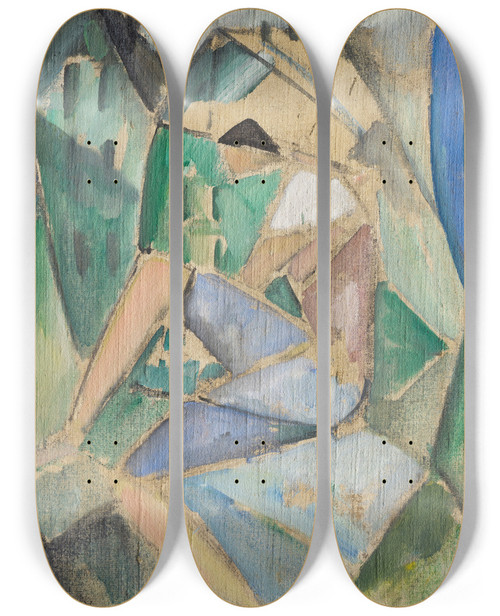 Triptych art skateboard deck of Hermann Stenner Kubistische Figur Mit Husern by Hermann Stenner (1891-1914)