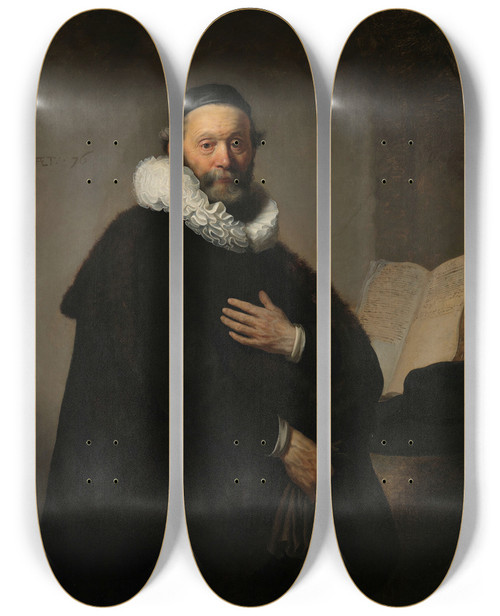 Triptych art skateboard deck of Rembrandt Van Rijn Johannes Wtenbogaert by Rembrandt Van Rijn (1606-1669)