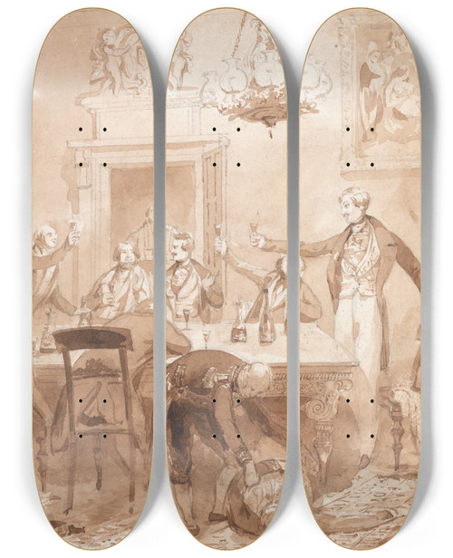 Triptych art skateboard deck of Henry Dawe The Life Of A Nobleman Scene The Second The First Party by Henry Dawe (1790-1848)