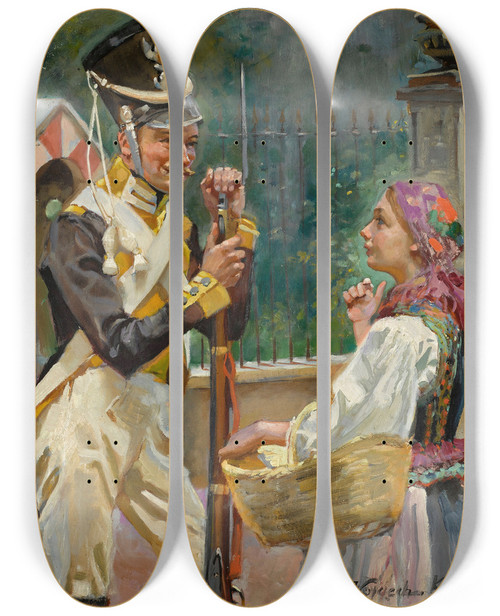 Triptych art skateboard deck of Wojciech Kossak A Soldier And A Girl In Front Of The Belvedere by Wojciech Kossak (1857-1942)
