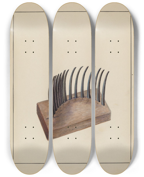 Triptych art skateboard deck of Charlotte Winter Comb For Agricultural Use by Charlotte Winter (20-)