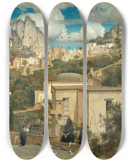 Triptych art skateboard deck of Emil Lugo View Of Capri by Emil Lugo (1840-1902)