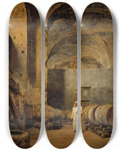 Triptych art skateboard deck of Alexander Laurus A Monk In A Ruin Which Has Been Made Into A Wine Cellar by Alexander Laureus (1783-1823)