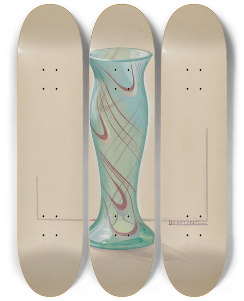 Triptych art skateboard deck of Elizabeth Dimling Vase Green With Red Swirl by Elizabeth Dimling