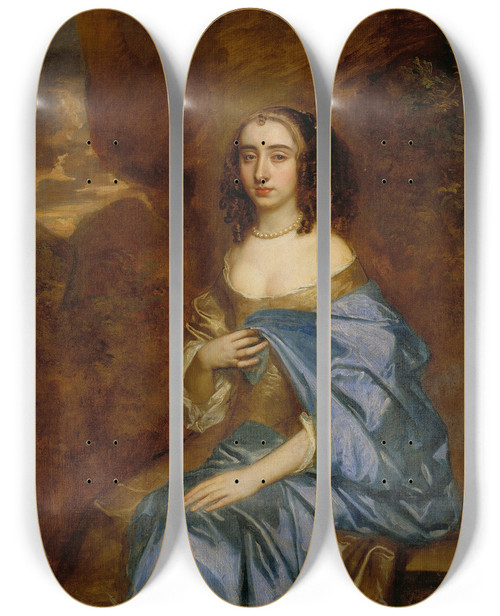 Triptych art skateboard deck of Sir Peter Lely Portrait Of A Lady With A Blue Drape by Sir Peter Lely (1618-1680)