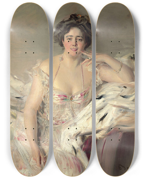 Triptych art skateboard deck of Giovanni Boldini Portrait Of Lady Nanne Schrader Ne Wiborg by Giovanni Boldini (1842-1931)