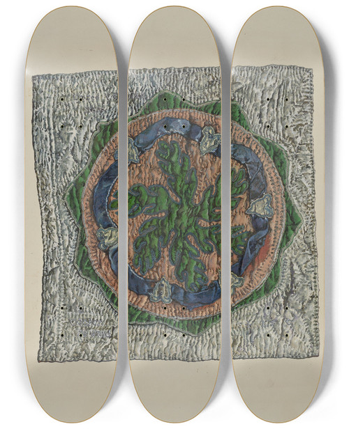 Triptych art skateboard deck of Florence Truelson Quilt Block E Cooper Design by Florence Truelson