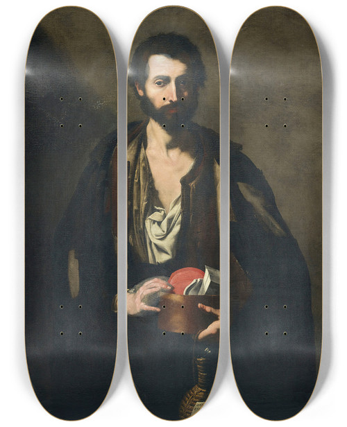 Triptych art skateboard deck of Jusepe De Ribera A Philosopher With A Wine Flask by Jusepe de Ribera (1591-1652)