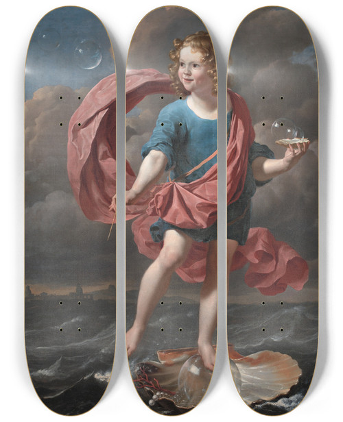 Triptych art skateboard deck of Karel Dujardin Boy Blowing Soap Bubbles Allegory On The Transitoriness And The Brevity Of Life by Karel Dujardin (1622-1678)