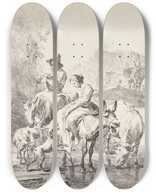 Triptych art skateboard deck of Nicolaes Pietersz Berchem Hyrdinde P Et Sel by Nicolaes Pietersz Berchem (1620-1683)