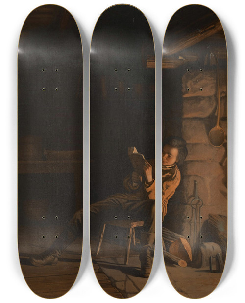 Triptych art skateboard deck of Eastman Johnson The Boyhood Of Lincoln An Evening In The Log Hut by Eastman Johnson (1824-1906)