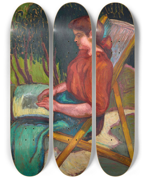 Triptych art skateboard deck of Jean Pesk Lecture Dans Le Transat by Jean Peske (1870-1949)