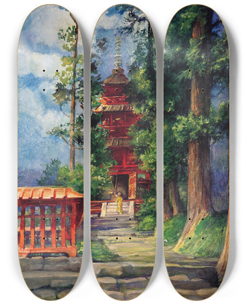 Triptych art skateboard deck of John La Farge Red Pagoda Nikko by John La Farge (1835-1910)