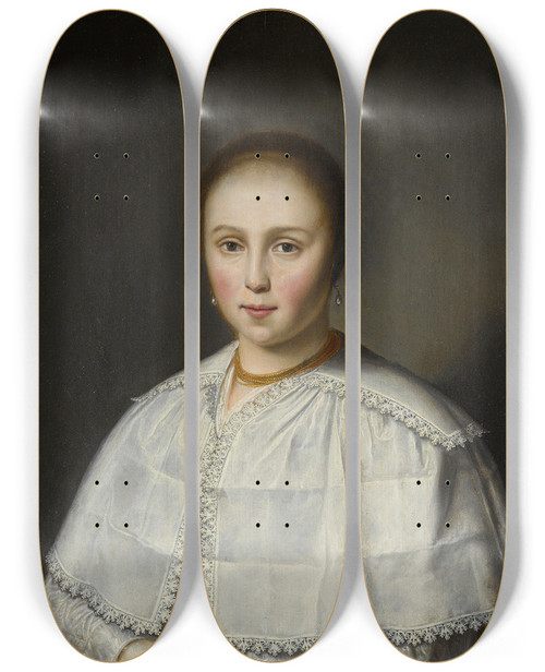 Triptych art skateboard deck of Dirck Dircksz Van Santvoort Portrait Of A Lady_1 by Dirck Dircksz Van Santvoort (1610-1680)