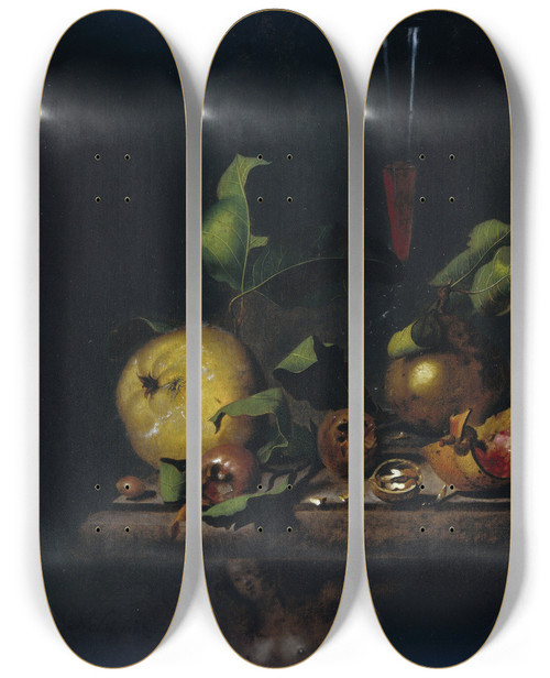 Triptych art skateboard deck of Martinus Nellius Still Life With Quinces Medlars And A Glass by Martinus Nellius (1621-1719)