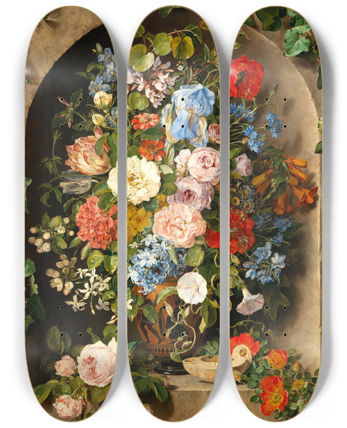 Triptych art skateboard deck of Pauline Von Koudelkaschmerling A Large Bouquet Of Flowers In A Greek Vase by Pauline von Koudelka-Schmerling