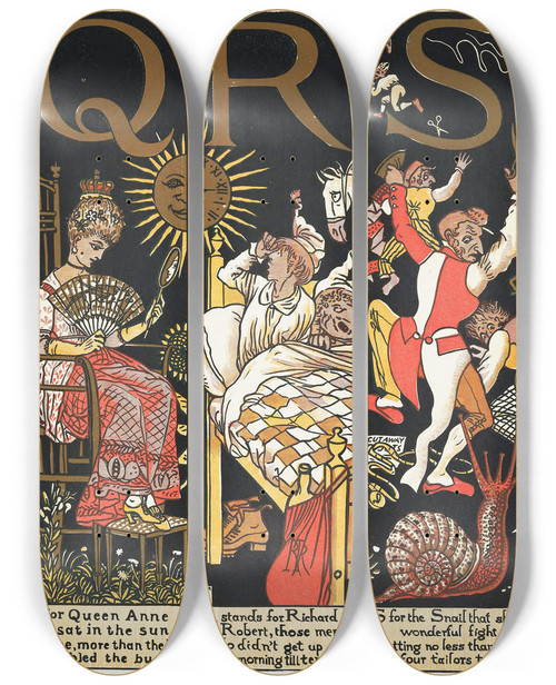 Triptych art skateboard deck of Walter Crane The Absurd Abc Pl 5 by Walter Crane (1845-1915)