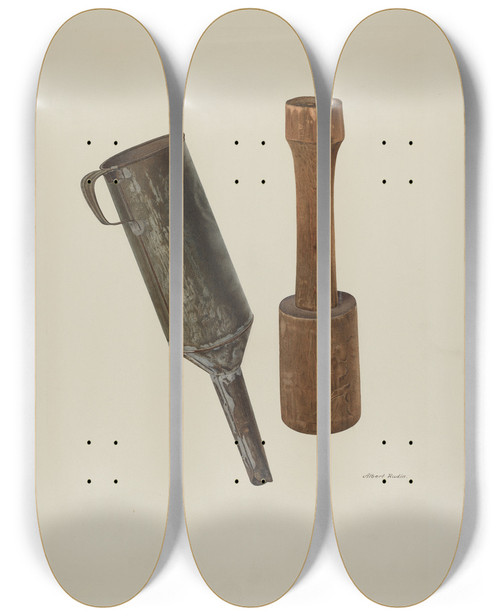 Triptych art skateboard deck of Albert Rudin Sausage Stuffer And Funnel by Albert Rudin