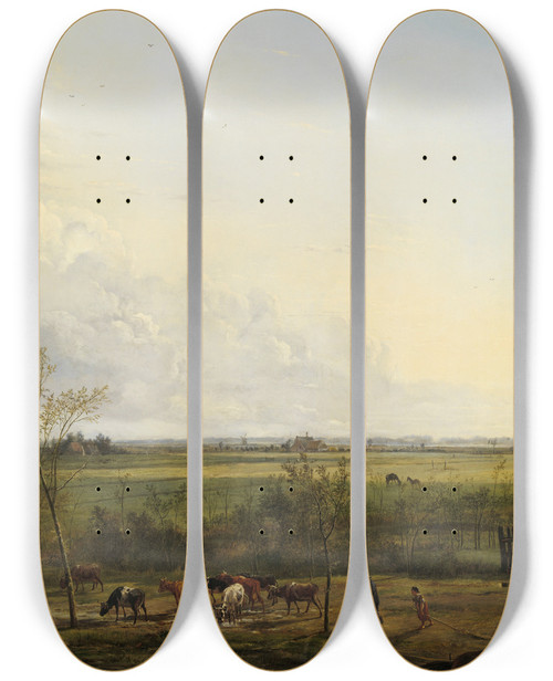 Triptych art skateboard deck of Pieter Gerardus Van Os Distant View Of The Meadows At Sgraveland by Pieter Gerardus Van Os (1776-1836)