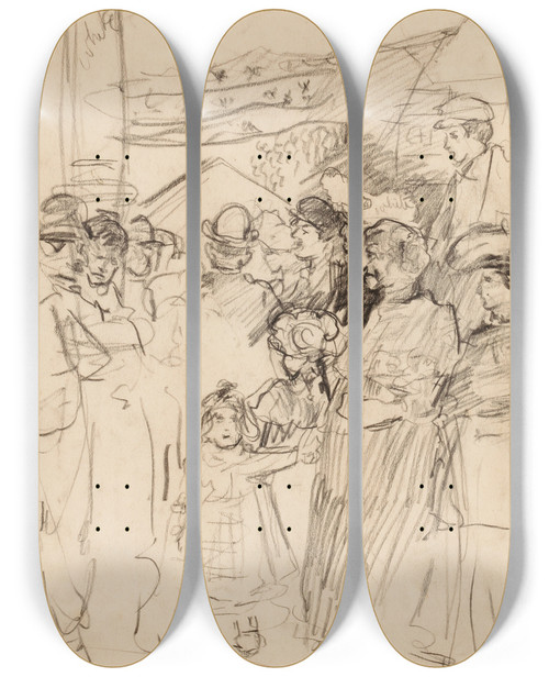 Triptych art skateboard deck of Jerome Myers Group Scene by Jerome Myers (1867-1940)
