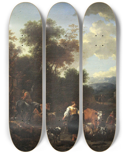 Triptych art skateboard deck of Nicolaes Pietersz Berchem Italian Landscape With Shepherds At A River_2 by Nicolaes Pietersz Berchem (1620-1683)