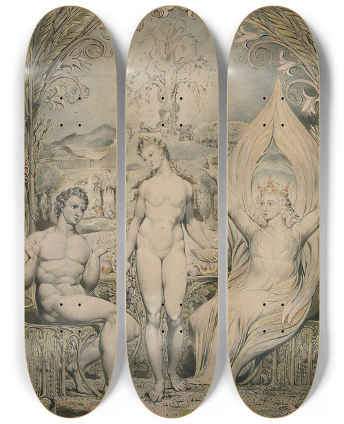 Triptych art skateboard deck of William Blake The Archangel Raphael With Adam And Eve by William Blake (1757-1827)
