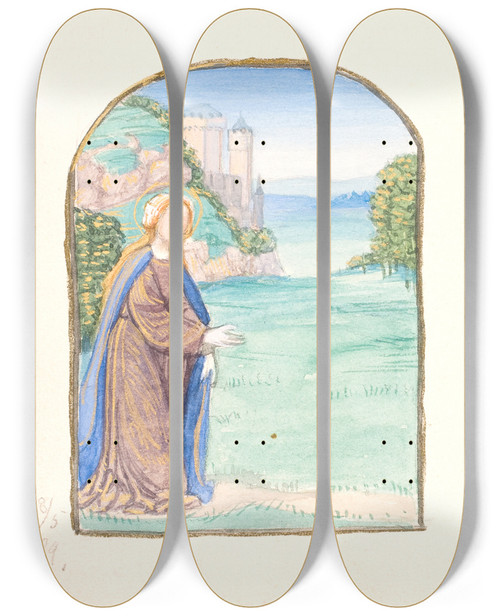 Triptych art skateboard deck of Agnes Slottmller Hellig Kvinde I Landskab Med Borg I Baggrunden by Agnes Slott-Mller (1862-1937)