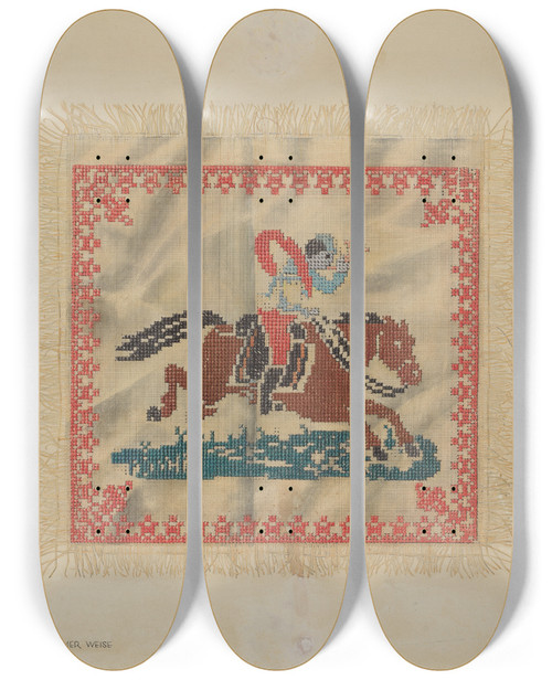 Triptych art skateboard deck of Elmer Weise Crossstitch Antimacassar by Elmer Weise