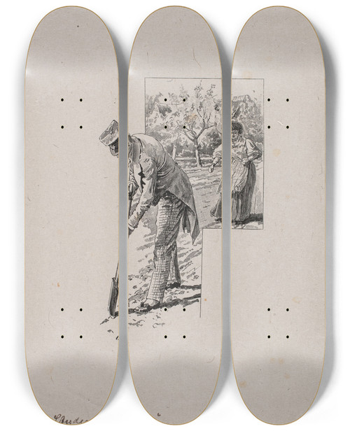 Triptych art skateboard deck of Herman Rudolf Mller Vignet Til Poul Mller En Dansk Students Eventyr by Herman Rudolf Muller
