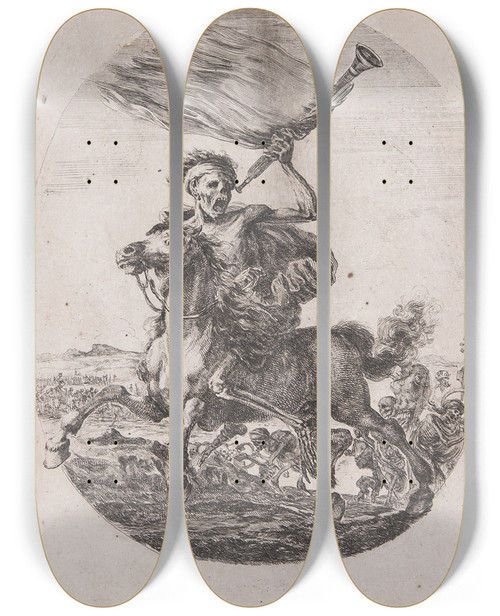 Triptych art skateboard deck of Stefano Della Bella Death On Horseback by Stefano Della Bella (1610-1664)
