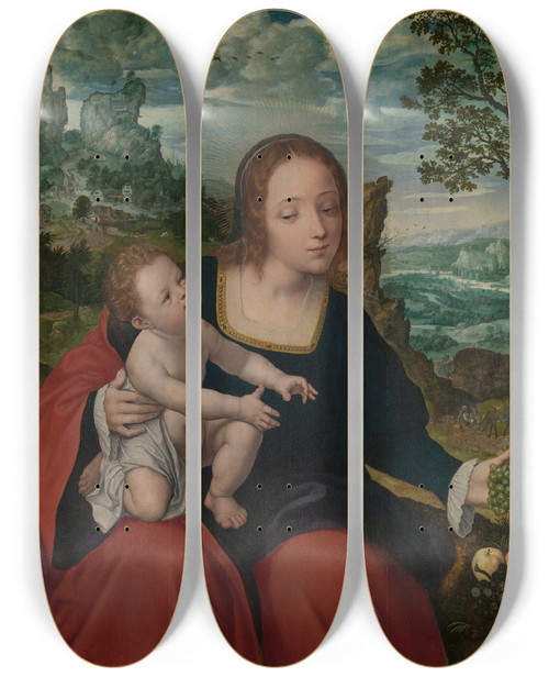 Triptych art skateboard deck of Jan Massys The Rest On The Flight Into Egypt by Jan Massys (1510-1575)