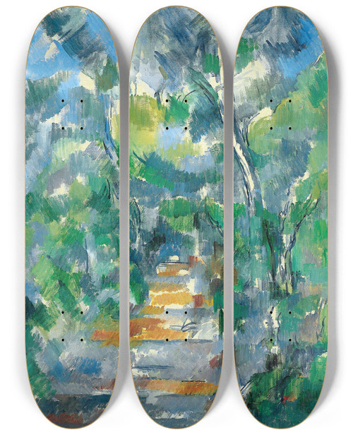 Triptych art skateboard deck of Paul Czanne Forest Scene Path From Mas Jolie To Chteau Noir by Paul Cezanne (1839-1906)