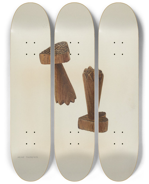 Triptych art skateboard deck of Archie Thompson Pa German Treen Double Butter Stamp by Archie Thompson