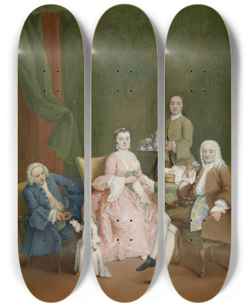 Triptych art skateboard deck of Pietro Longhi Portrait Of A Venetian Family With A Manservant Serving Coffee by Pietro Longhi (1702-1785)