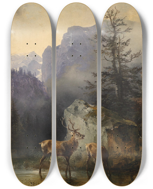 Triptych art skateboard deck of Friedrich August Matthias Gauermann Hirsch Und Tier An Der Trnke by Friedrich August Matthias Gauermann (1807-1862)