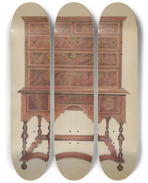 Triptych art skateboard deck of Carl Weiss High Chest Of Drawers by Carl Weiss