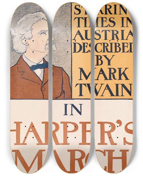 Triptych art skateboard deck of Edward Penfield Stirring Times In Austria Described By Mark Twain In Harpers March by Edward Penfield (1866-1925)